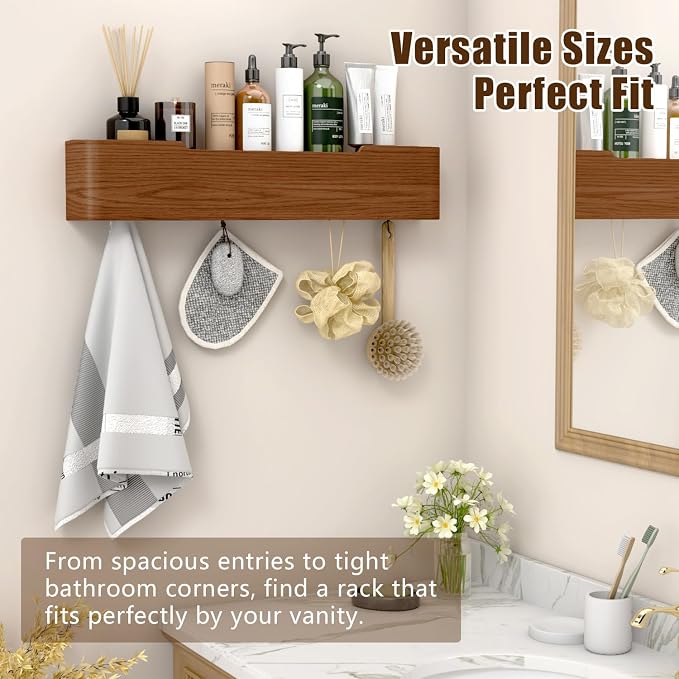 Coat Rack Wall Mount with Hidden Hooks, Wall Hooks with Shelf, Wall Key Holder Mount Wooden Shelf Entryway Hooks for Bedroom Bathroom for Hanging Coats Hats Bags Towels (Walnut, 4 Hooks)