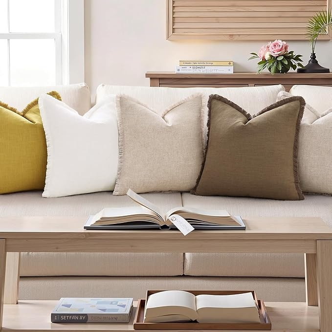 decorUhome Summer Decorative Neutral Linen Fringe Throw Pillow Covers Set of 2 Mustard Yellow Pillow Covers with Tassels Soft Farmhouse Boho Accent Pillow Cases for Couch Bed Sofa 20x20 Inch