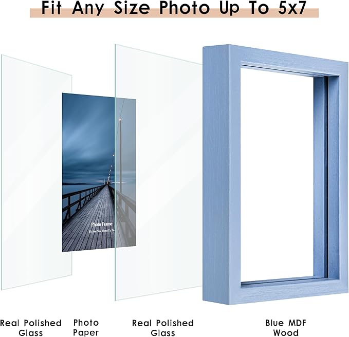 MUYE 5x7 Floating Frame Set of 2,Double Real Glass Photo Frame for Wall Hanging or Tabletop Standing,Also Display 4x6 or 3x5 Photo for Floating Effect,Blue