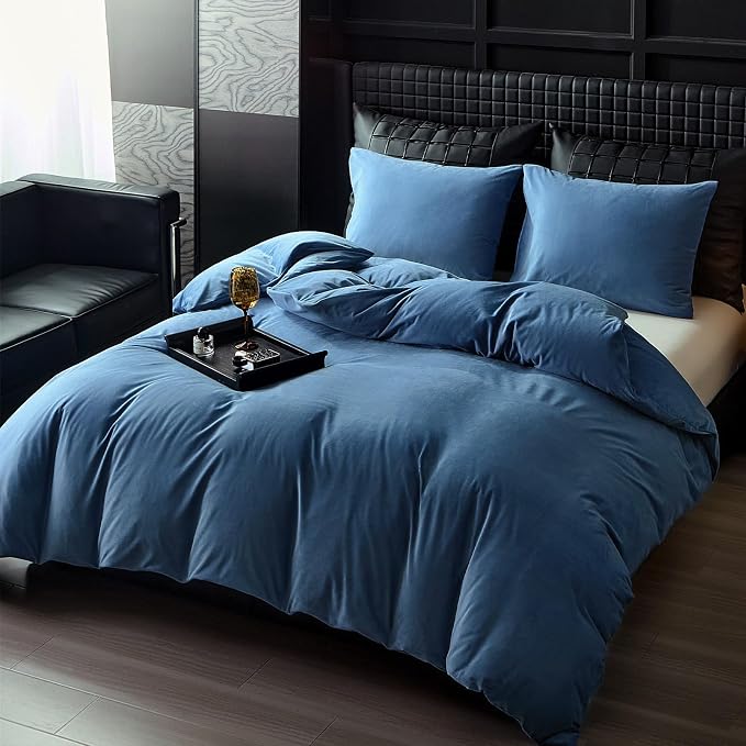 WARMDERN Light Blue Flannel Velvet Duvet Cover Queen Size Duvet Cover Bedding Sets, 3pcs Ultra Soft Luxury Textured Modern Crystal Velvet Duvet Covers with Zipper Closure(Light Blue, Queen)