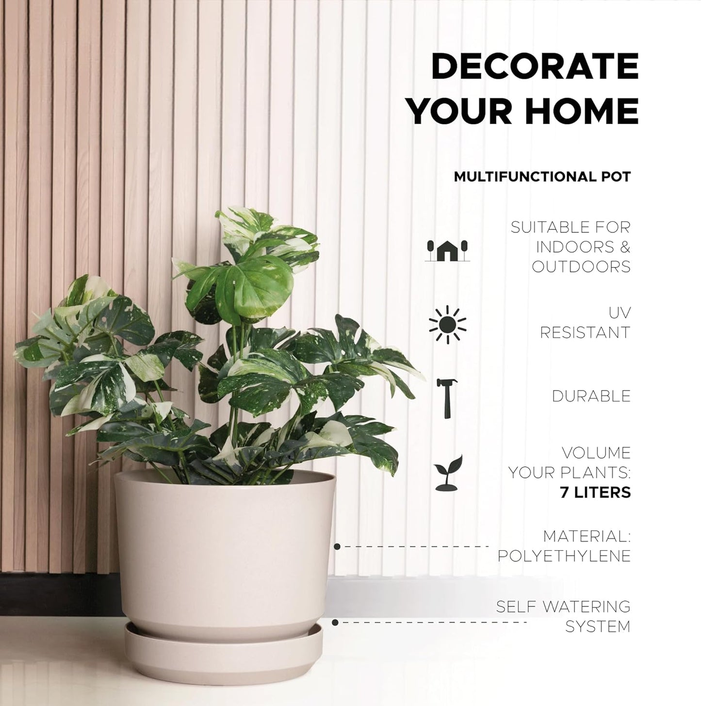 Elly Décor 8 inch Plastic Cylinder Planter Pot with Self-Watering Saucer and Drainage Hole,Lightweight & Extremely Durable, 8"x 8", Ivory