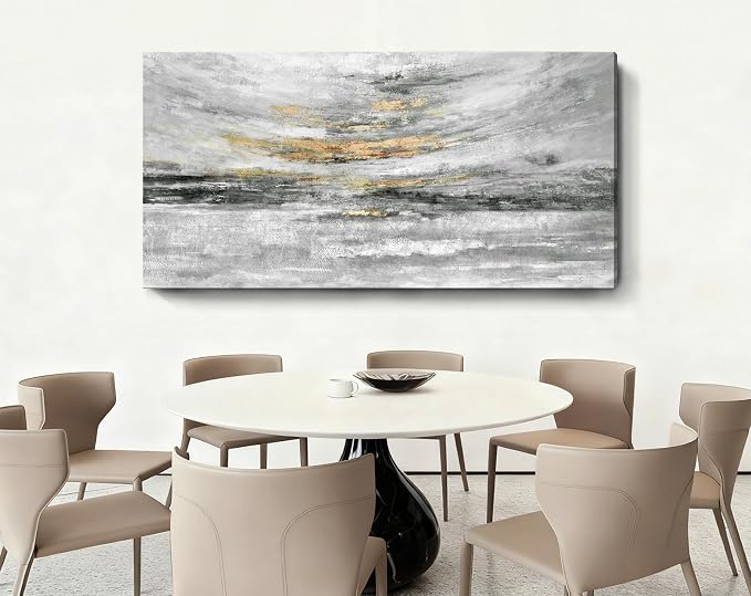 Nicetop 58x29" Large Black and White Abstract Coastal Wall Art with Metallic Gold Accents, Modern Minimalist Canvas Print of Ocean Waves and Clouds, Ready to Hang Wall Decor for Living Room, Bedroom Above Bed, Office