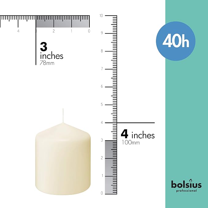 BOLSIUS 6 Ivory Pillar Candles Bulk - 3x4 Inches Candle Set - 40+ Hours Clean Burning - No Palm Oil - 0% Animal Fat - Premium European Quality - Unscented Dripless Restaurant Pillars
