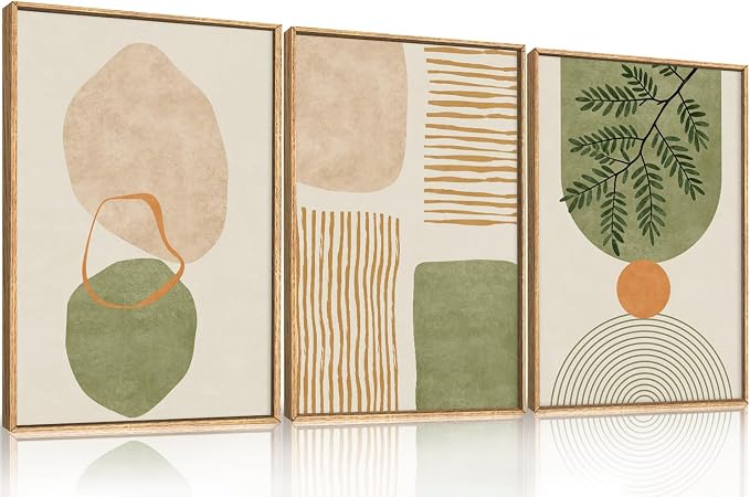 Large Boho Sage Green Framed Canvas Wall Art Set,Abstract Minimalist Geometric Line Wall Decor,Modern Mid Century Beige Leaf Artwork for Living Room,Bedroom,Dining Room,Office-16 x24 x3