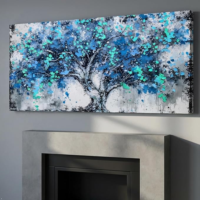 Tree Wall Art Teal Blue Nature Tree of Life Abstract Canvas Painting Textured Picture, Modern Landscape Artwork Framed for Living Room Bedroom Bathroom Office Home Decor 48x24in