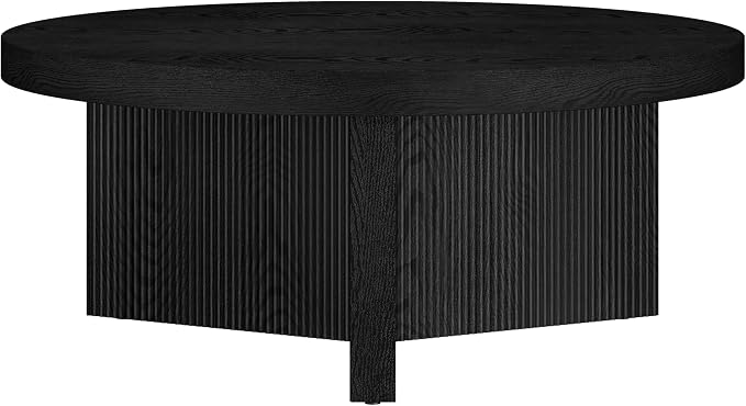 Henn&Hart 36" Fluted Round Low-Profile Coffee Table with Ribbed Pedestal Base for Living Room, Family Room, or Office, Natural Black