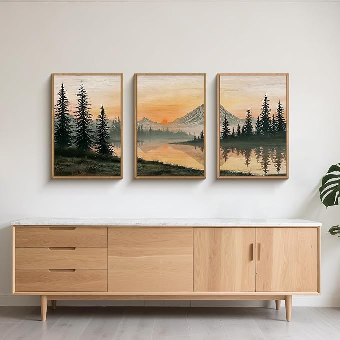 LHIUEM Nature Mountain Sunset Framed Canvas Wall Art,Boho Pine Trees Wall Decor,Sunset Forest Lake Painting,Modern Landscape Artwork for Living Room,Bedroom,Dining Room -16"x24"x3