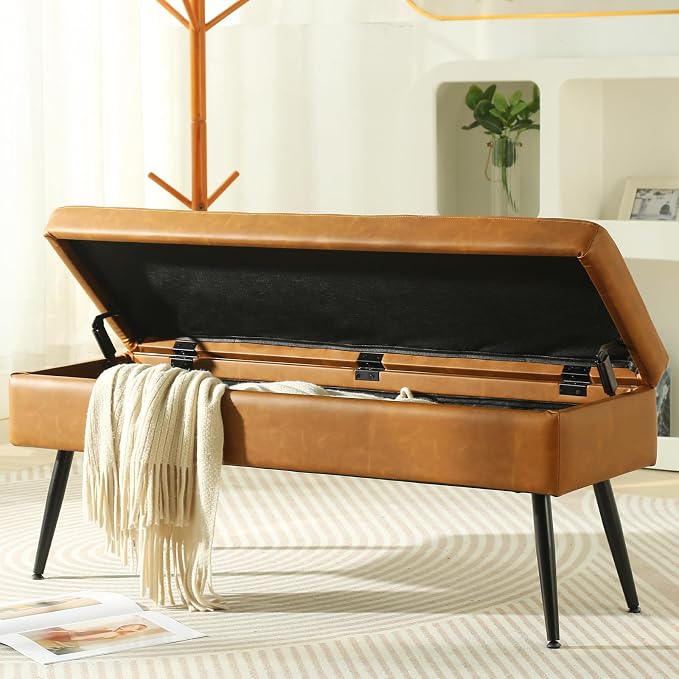Storage Ottoman Bench, 43.5" Faux Leather Upholstered Entryway Bench, Long Ottoman with Storage for Living Room, Support 660lbs - Cognac Brown