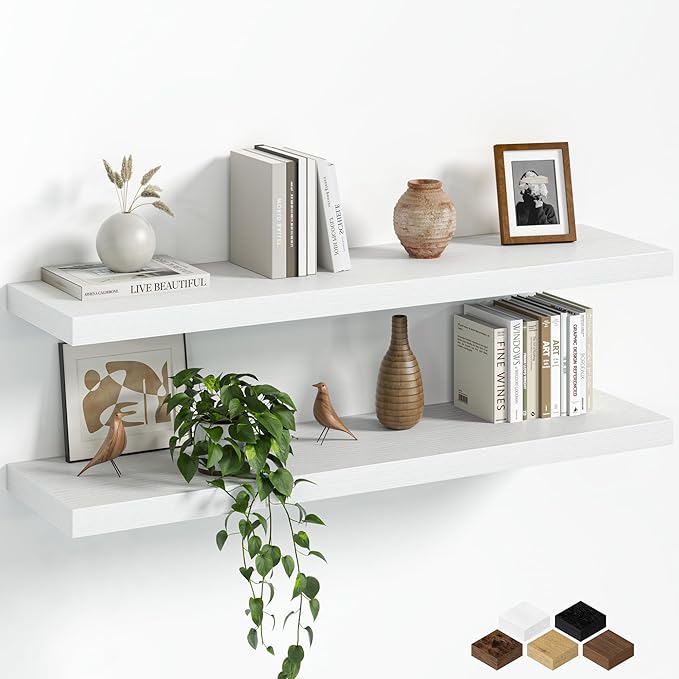Fun Memories Floating Shelves for Wall, 36 Inch Long Set of 2 Rustic Wood Wall Shelves with Invisible Brackets, Heavy Duty Storage Display for Living Room Bedroom Kitchen, White