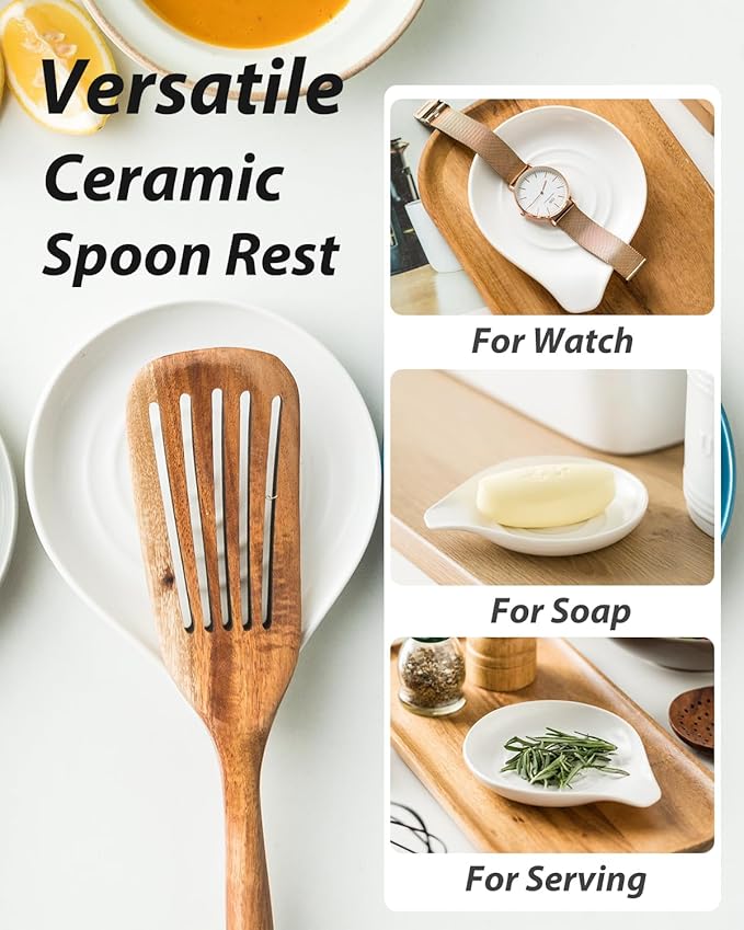 LAUCHUH Spoon Rest, 5 inch Large Spoon Holder for Stove Top Ceramic Spoon Rest for Kitchen Countertop, Heat-Resistant Cooking Utensil Holder for Spatula, Tongs, Framhouse Decor for Mother's Day, White