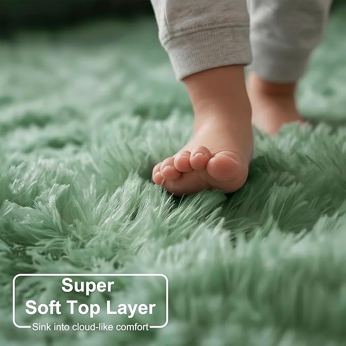Amdrebio Sage Green Round Rug 4Ft for Bedroom Aesthetic, Fluffy Furry Circle Rugs for Nursery, Classroom, Teen Boys, Baby Kids Room Decor, Cute Shaggy Area Rug for Dorm, Fuzzy Plush Light Mint Carpet