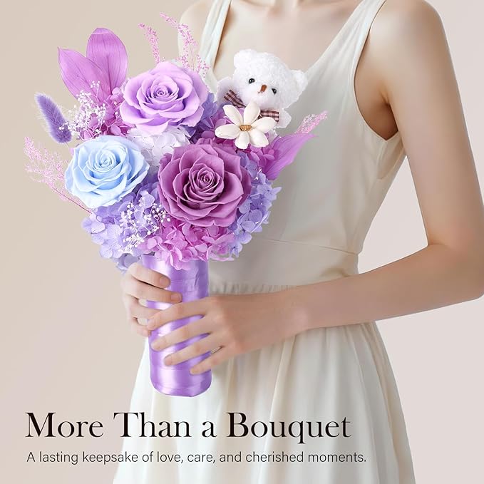 Preserved Flowers Bouquet with Bear, 3 Real Forever Flowers for Delivery, Long-Lasting Purple Eteranl Roses Bouquet, Mothers Day Gifts for Mom Grandma, Anniversary Birthday Gifts for Women Girlfriend