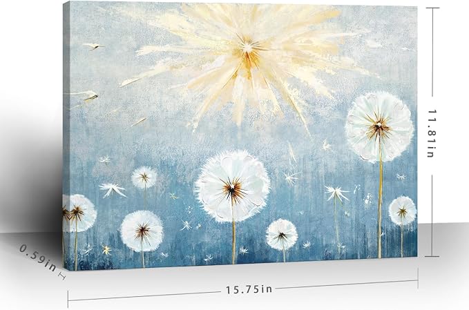 Nicetop Blue Dandelion Canvas Wall Art 16x12, Small Coastal Botanical Farmhouse Bathroom Decor Ready to Hang for Bedroom Living Room