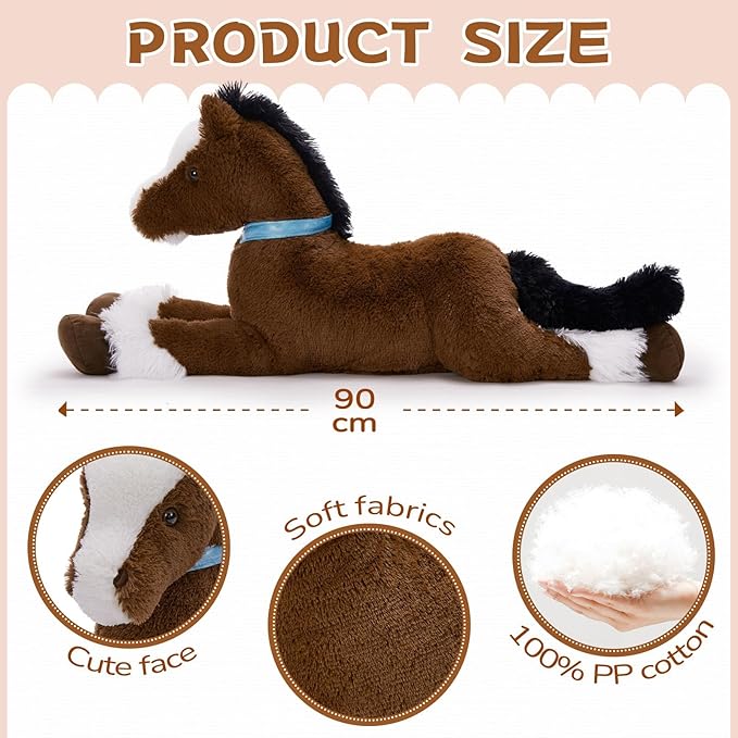 MaoGoLan Large Horse Stuffed Animal for Boy, Big Horse Plush Toy for Girl, Ridable Stuffy Pony for Kids, Coffee Stuffed Pony Plush Pillow for Easter Baby Shower Birthday Party Favor Gifts, 33 inches