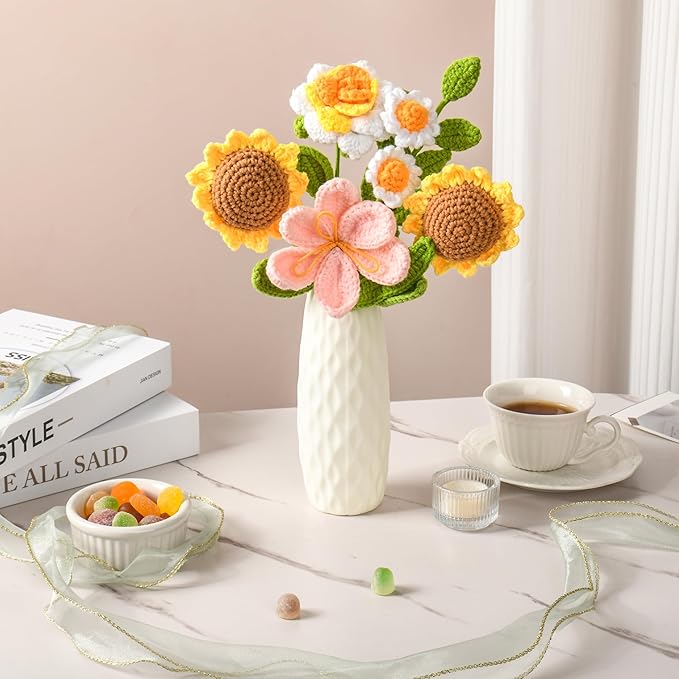 Crochet Flower Bouquet, Crochet Flowers Handmade Yellow Roses Sunflowers Bouquet, Romantic Gift for Her, Mother's Day, Wedding, Anniversary, Birthday Gift for Women Wife Lover Friends (Sunflower)