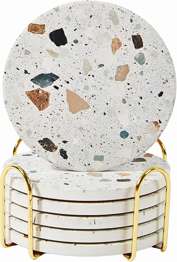 Terrazzo Coasters Set of 6, Ceramic Absorbent Drink Coasters, Cute Moisture Absorbing Coaster, Coffee Table Desk Decor, Colorful Stone Coaster for Drinks (Granite)