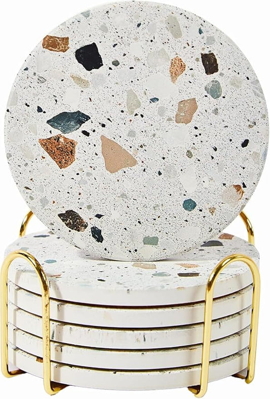 Terrazzo Coasters Set of 6, Ceramic Absorbent Drink Coasters, Cute Moisture Absorbing Coaster, Coffee Table Desk Decor, Colorful Stone Coaster for Drinks (Granite)
