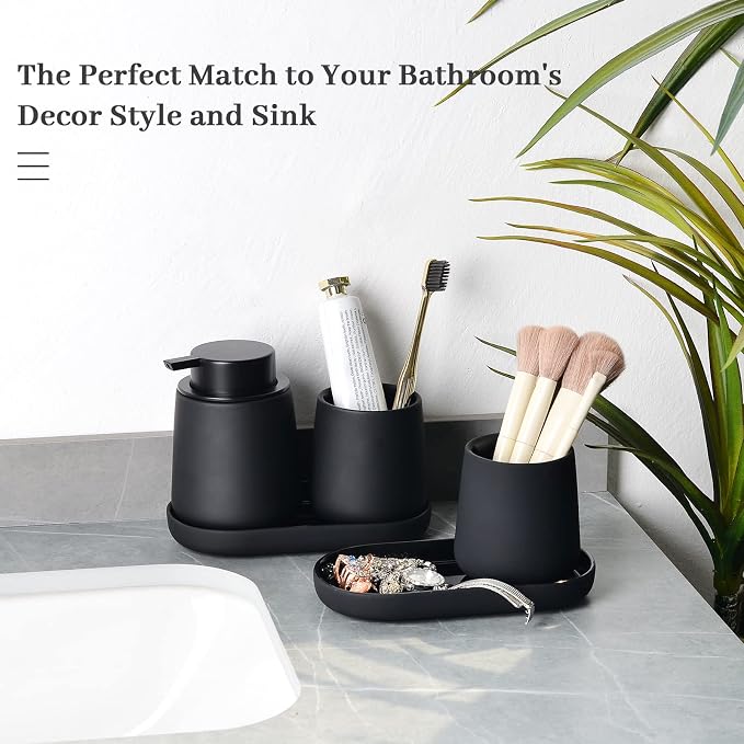 BosilunLife Ceramic Bathroom Accessories Set 3 Pcs, Liquid Soap Dispenser and Toothbrush Holder with Tray, Modern Farmhouse Vanity Decor, Black Housewarming Gift (Black-Liquid)