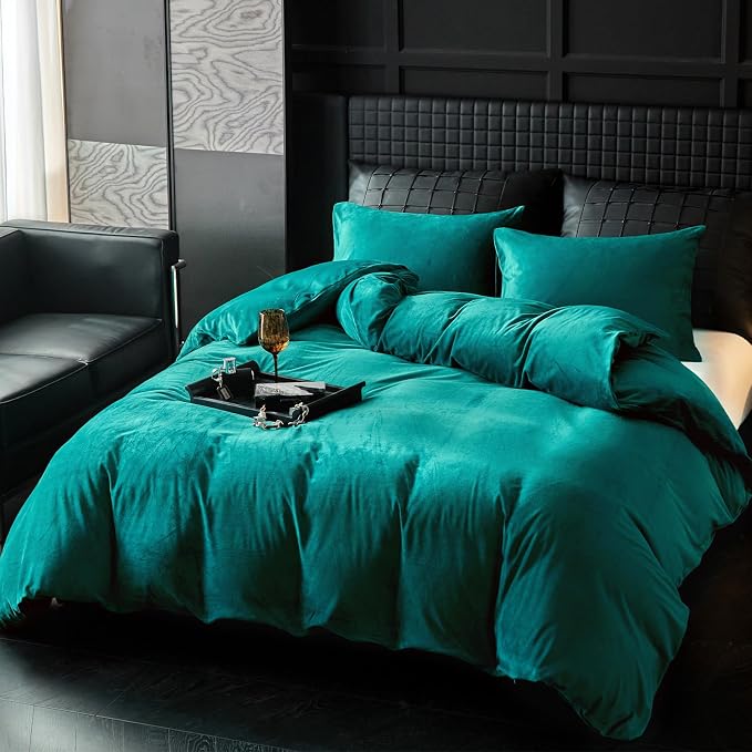 WARMDERN Teal Blue Flannel Velvet Duvet Cover King Size Duvet Cover Bedding Sets, 3pcs Ultra Soft Luxury Textured Modern Crystal Velvet Duvet Covers with Zipper Closure(Teal Blue, King)