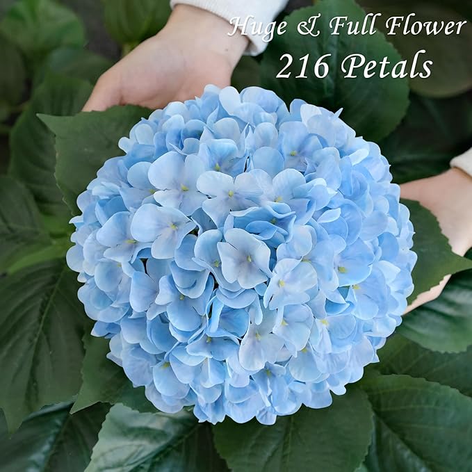 JINWOE Boho Light Blue Fake Hydrangea Artificial Flowers, 4Pcs 22" Large Lifelike Silk Artificial Hydrangeas, Full Fake Flowers for Bouquet Table Centerpieces Wedding Indoor Home