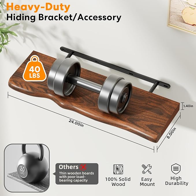 Solid Wood Live Edge Floating Shelves Set of 2 – 24" Rustic Wall Shelf with Hidden Bracket System, Wall Mounted Shelves for Bathroom, Kitchen, Living Room, Bedroom (Glazed Walnut)
