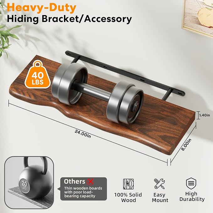 Solid Wood Live Edge Floating Shelves Set of 2 – 24" Rustic Wall Shelf with Hidden Bracket System, Wall Mounted Shelves for Bathroom, Kitchen, Living Room, Bedroom (Classic Walnut)