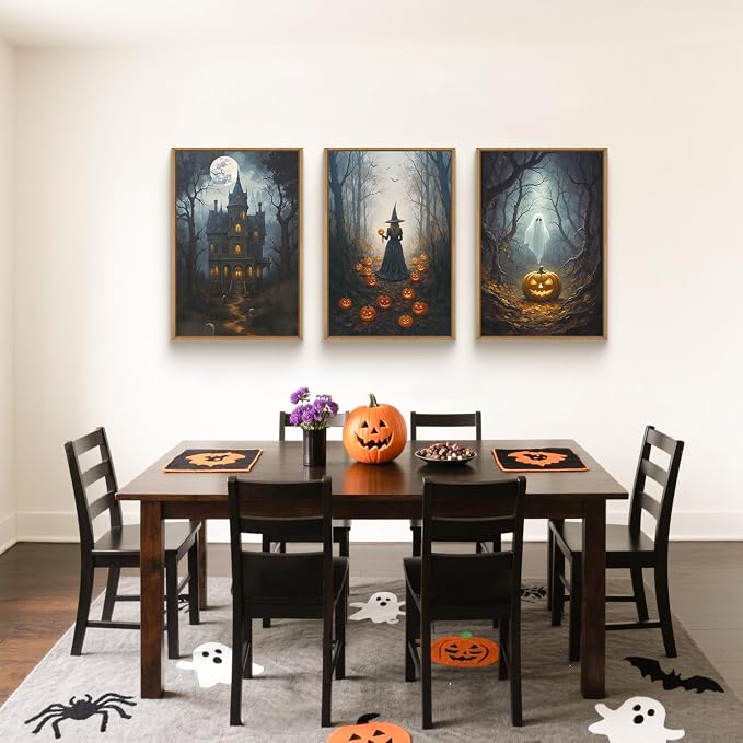 Halloween Moon Castle Framed Canvas Wall Art Set, Scary Dark Forest Witch Wall Decor, Cute Ghost Wall Painting, Pumpkin and Bats Art Prints for Gothic Party, Living Room, Club -16"x24"x3