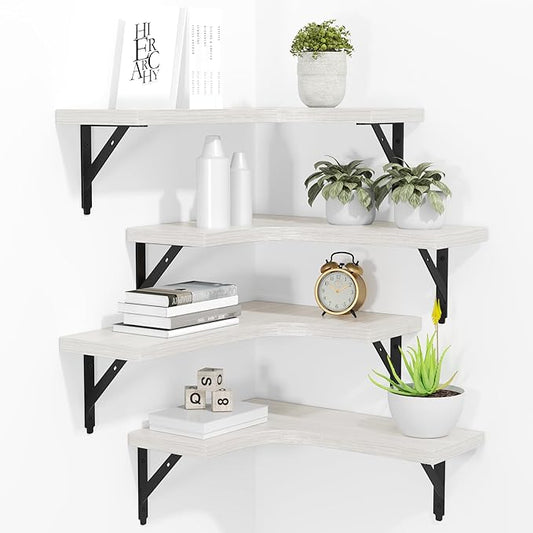 ROMGUAR CRAFT Corner Floating Shelves Wall Mounted Set of 4, Rustic Wood Storage Display Wall Shelves for Home Decor, Bathroom, Kitchen, Bedroom, Living Room, Office (White)