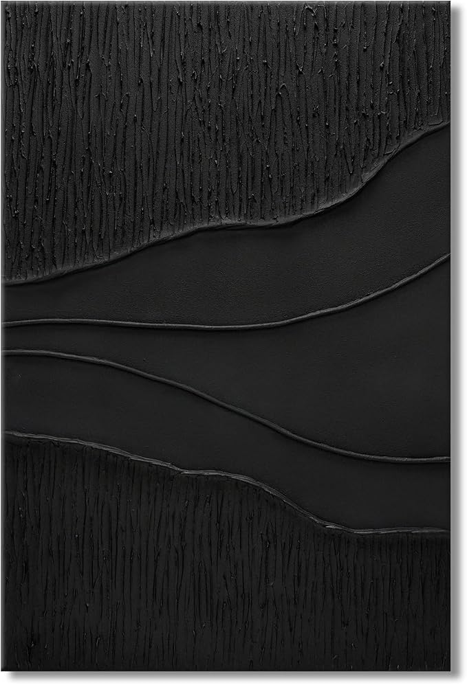 Large Black 3D Textured Wall Art, Hand-Painted Minimalist Canvas Artwork | Modern Abstract Vertical Wall Decor for Living Room Bedroom Office, Original Ocean Waves Oil Painting Home Decor, 24x36 in