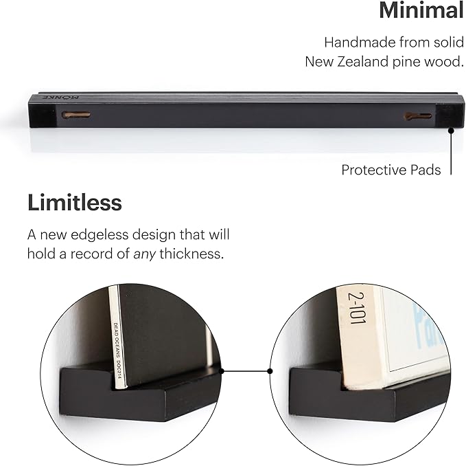 Vinyl Record Wall Mount - 3 Elegant Display Ledges Made from Solid Wood - These Vinyl Record Shelf Will Hold Records of Any Size (Black)