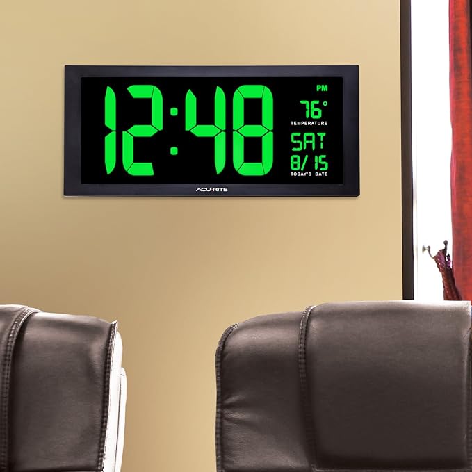 AcuRite 76101M Oversized LED Clock with Indoor Temperature, Date and Fold-Out Stand, 18", Green