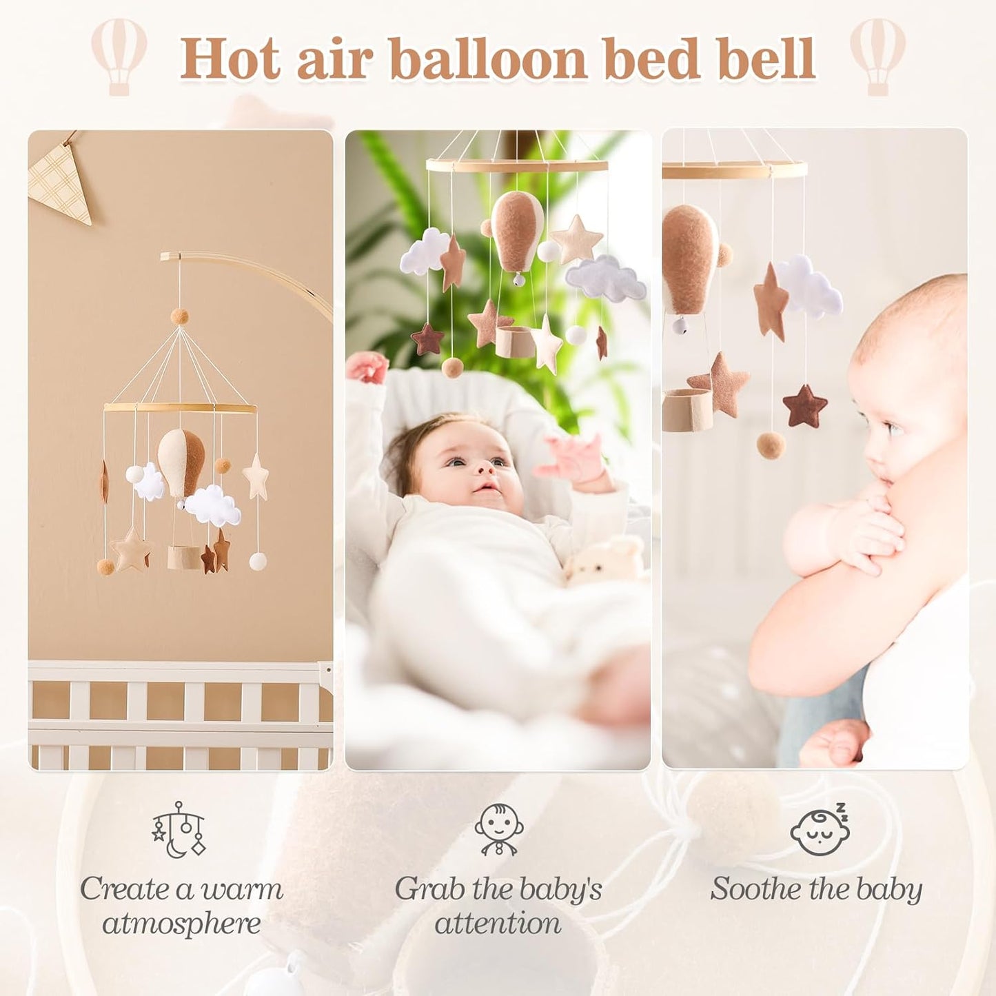 Baby Mobile for Crib, Baby Crib Mobile for Boys Girls, Baby Mobile for Bassinet, Boho Nursery Mobile, Nursery Decor Theme for Infant Bedroom Hanging, Gender Neutral Baby Gift (Hot Air Balloon)