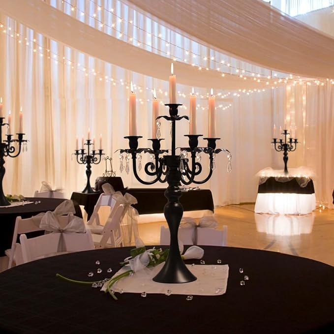 20''Tall Crystal Pendant Taper Candle Holders/Stylish Candle Stands/Candlesticks Holder/Candelabra for Home Decor, Weddings/Parties/Elegant Dining Table Centerpiece (4, Black)