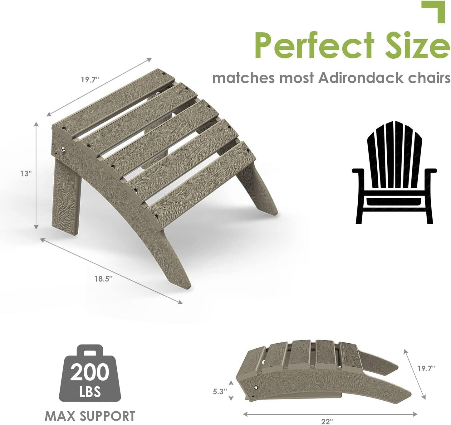 GREENVINES Adirondack-Ottoman | Wood Grain | HDPE Plastic | Outdoor Footrest | All Weather | Foot Rest | Foot Stool | Desert Brown | for Adirondack Chair