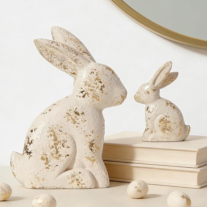DN DECONATION Easter Decorations White & Gold Bunny Decor Rabbit Figurines, Wabi Sabi Easter Bunny Statue Set of 2 for Spring Tabletop Home Decor Farmhouse Shelf Mantel, Pressed Wood Sculpture