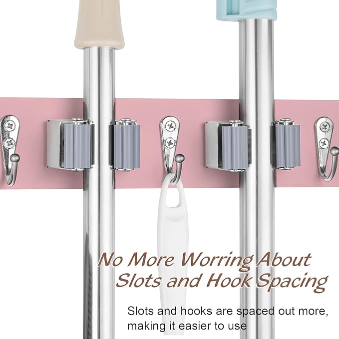 OUTNILI Pink Mop Broom Holder Wall Mount with 4 Slots & 4 Hooks - Wood Broom Mop Hanger for Pantry Closet Laundry Room Kitchen Organization - for Pink Kitchen Decor and Accessories