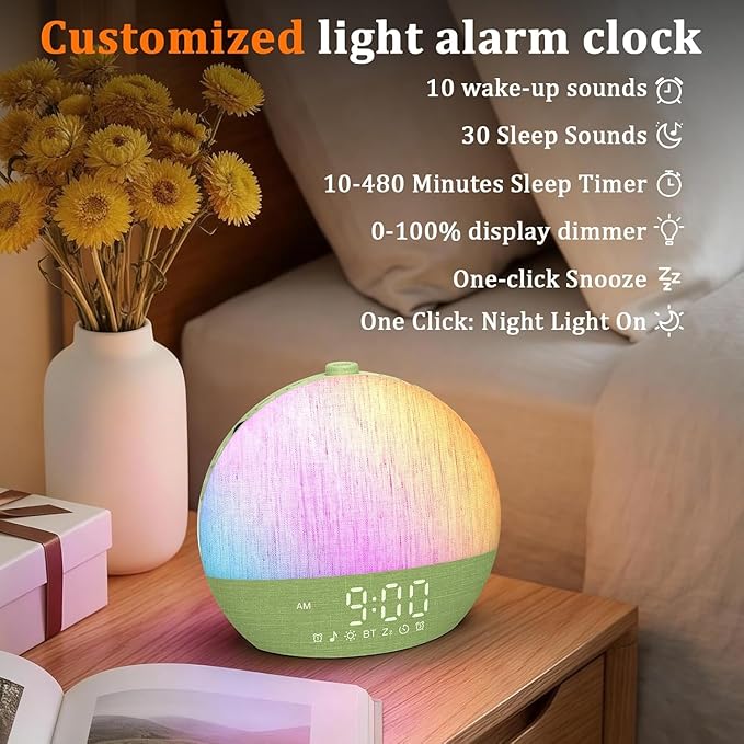 Calm & Gradual Sunrise Alarm Clock: 30‑Min Slow‑Rise Natural Wake Up Light - 20‑Level Dimmable Clock for Heavy Sleepers - Ease of Use Sunrise Simulation with 30 Sleep Sounds White Noise Machine