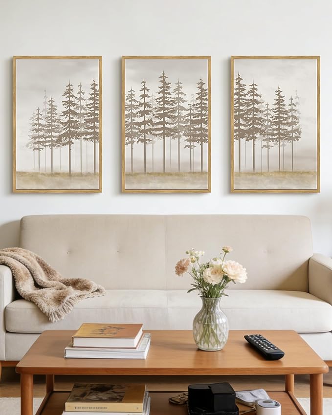 PHOPAGO Watercolor Foggy Pine Tree Framed Wall Art Large 16x24in Nature Abstract Misty Forests Wall Decor Farmhouse Rustic Paints for Bedroom Home Office - Natural Framed