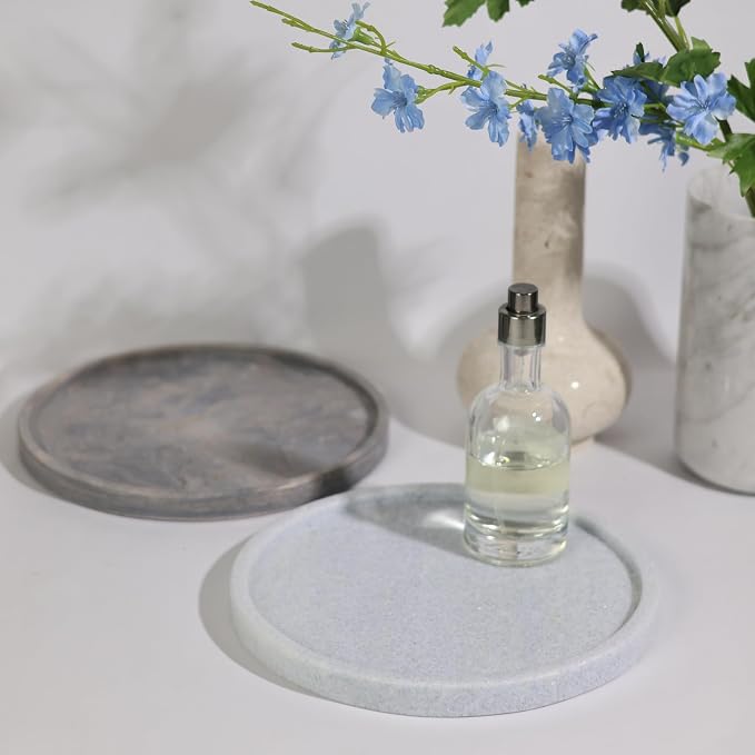 Natural Marble Vanity Tray, Round, 8.3 Inch, with Anti-Slip Pads, for Bathroom, Jewelry, Perfume Display, Coffee Table Decor (Blue Quartz)