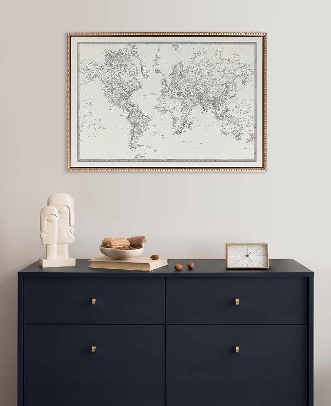 Kate and Laurel Sylvie Beaded Vintage Black and White World Map Vintage Framed Canvas Wall Art by The Creative Bunch Studio, 23x33 Gold, Modern Geographical Map Décor