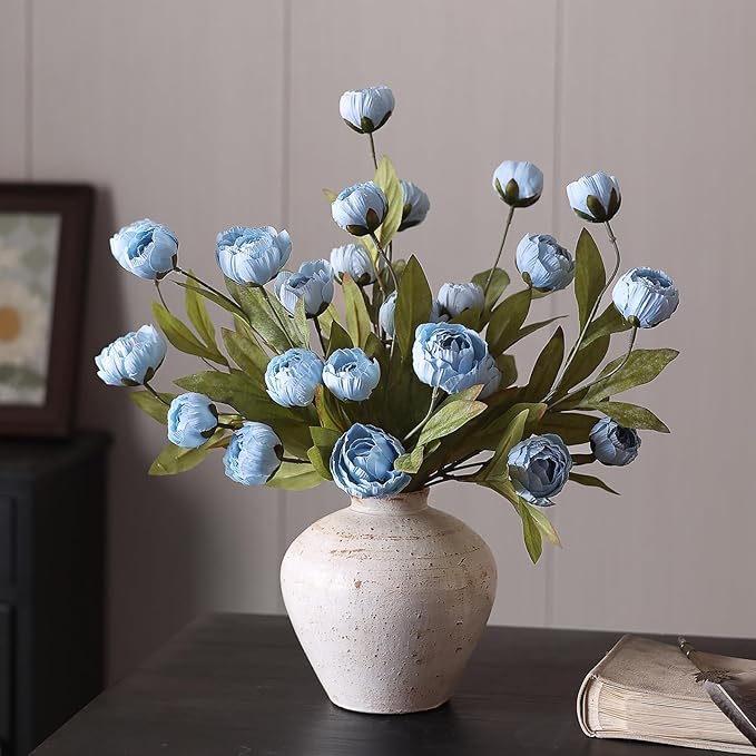 VIERENA 12 Pcs Faux Silk Peony Artificial Flowers for Vase -27", Bulk Fake Peonies Branches with Stems for DIY Bouquet Centerpieces Wedding Fillers Arrangements Shower Decorations (Dusty Blue)