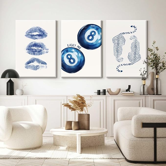 Leopard Wall Art Cheetah Canvas Prints Trendy 8 Ball Wall Decor Preppy Aesthetic Poster Lucky Leopard Pictures Funky Painting Navy Kiss Artwork for Bedroom Living Room 12x16x3 Inch Ready to Hang