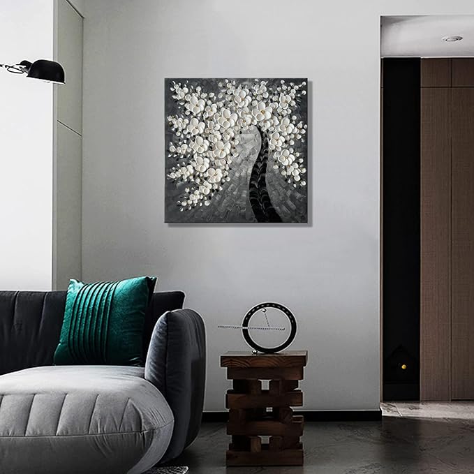 zoinart Hand Paintings 3D Floral Canvas Wall Art 24x24 Inches Abstract Floral Paintings Modern Contemporary Texture Wall Art Tree Black and White Artwork for Home Decorations