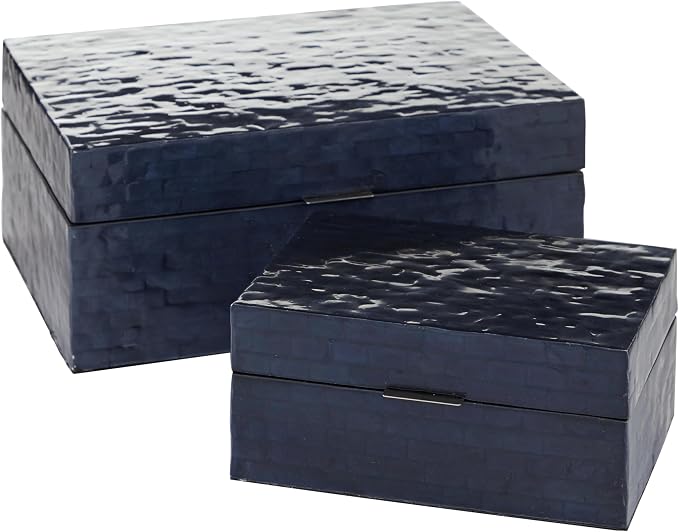 Deco 79 Mother of Pearl Shell Handmade Decorative Box Mosaic Storage Decorative Keepsake Boxes, Set of 2 Storage Boxes 5", 4"H, Dark Blue