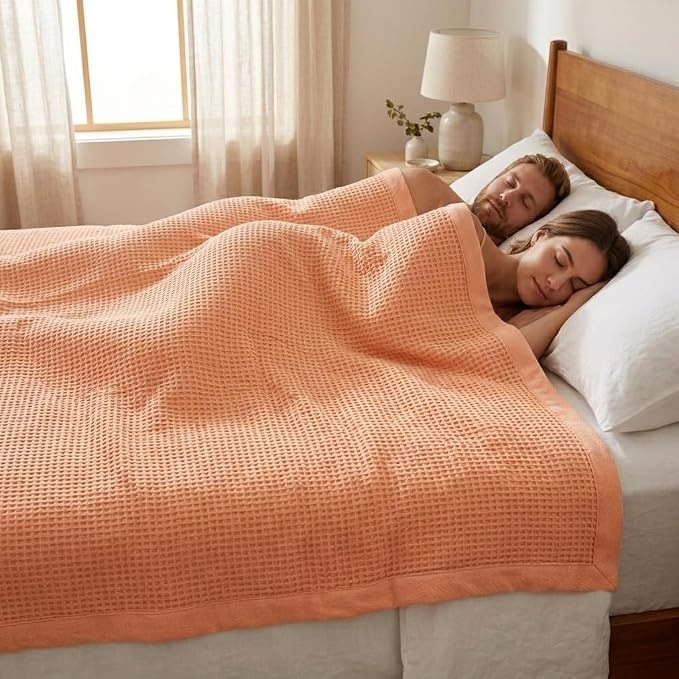 TreeWool Premium 100% Cotton Waffle Summer King Blanket (90"x108", Peach) | 420 GSM Breathable Lightweight Moisture Wicking Soft Knit Thermal Blanket for Bed or Sofa All-season Comfort Machine Washable