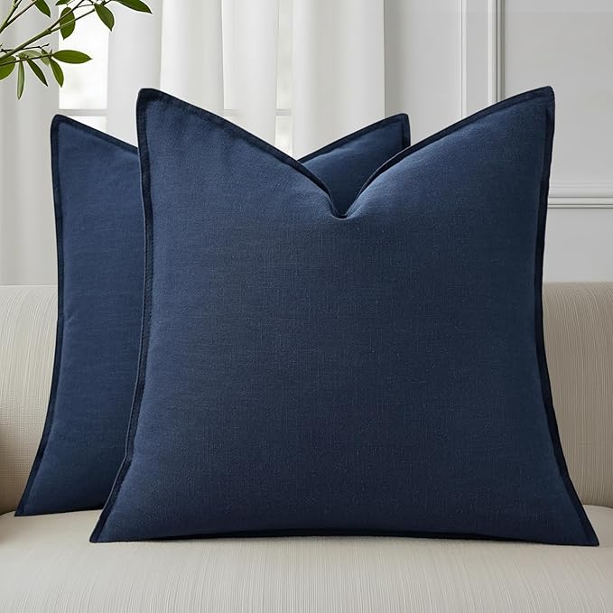 decorUhome Summer Decorative Linen Euro Sham Throw Pillow Covers 24x24 Inch Set of 2 Navy Blue Pillow Covers with Flange Edges Soft Farmhouse Boho Accent Pillow Cases for Couch Bed Living Room