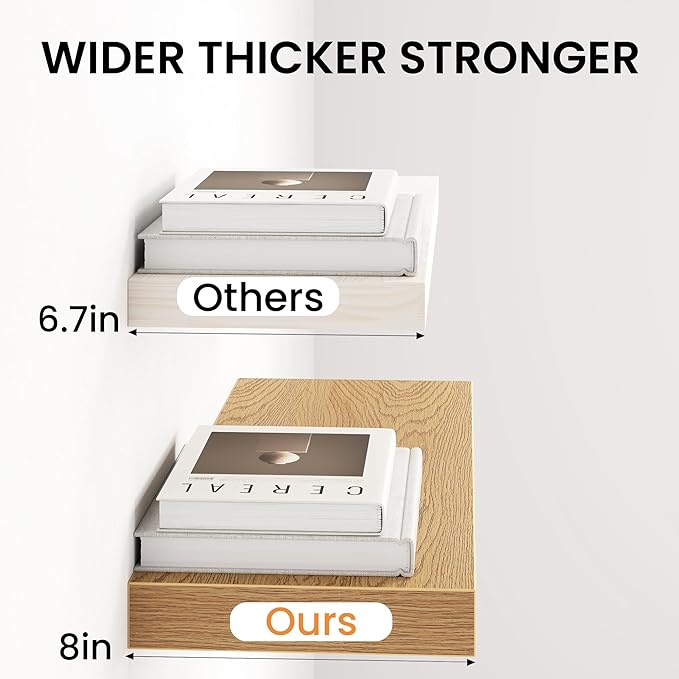 Fun Memories 32Inch Floating Shelves for Wall, 8 Inch Deep Shelves for Bathroom|Bedroom|Kitchen Wall Mounted, Wood Hanging Shelf with Invisible Brackets for Home Storage Decor, Oak - 2 Pack