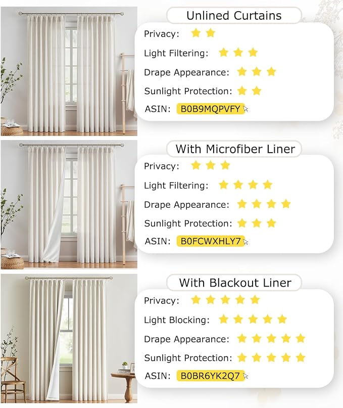 Vision Home Natural Pinch Pleated Light Filtering Curtains 60" Wx90 Lx2 | Microfiber Liner, Linen Blended, Privacy Drapes, Back Tabs with Ring Hooks, 2 Panels, for Living Room Bedroom Sliding Door