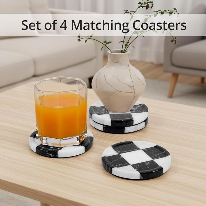 Marble Coasters Set of 4, Zebra Black & White Handmade 4 inch Round Checkered Stone Coaster, Drink Coaster Plates for Living Room, Trendy Office Desk Accessories & Home Décor