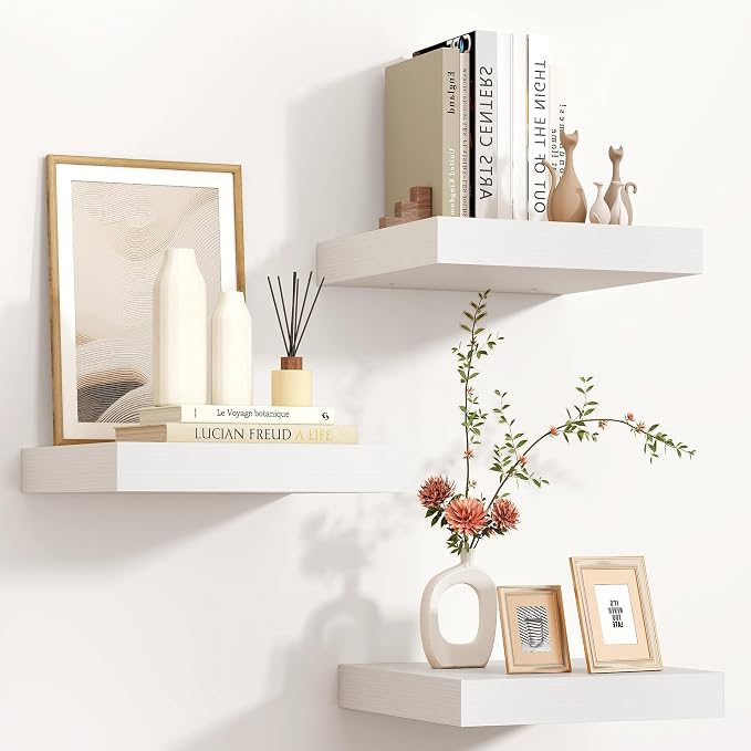 Venusmiles 12"x12" Square Floating Shelves for Wall, White Finish, 3-Pack | Engineered Wood Wall Shelves with Invisible Brackets for Living Room, Bedroom, Bathroom, Office & Kitchen Storage